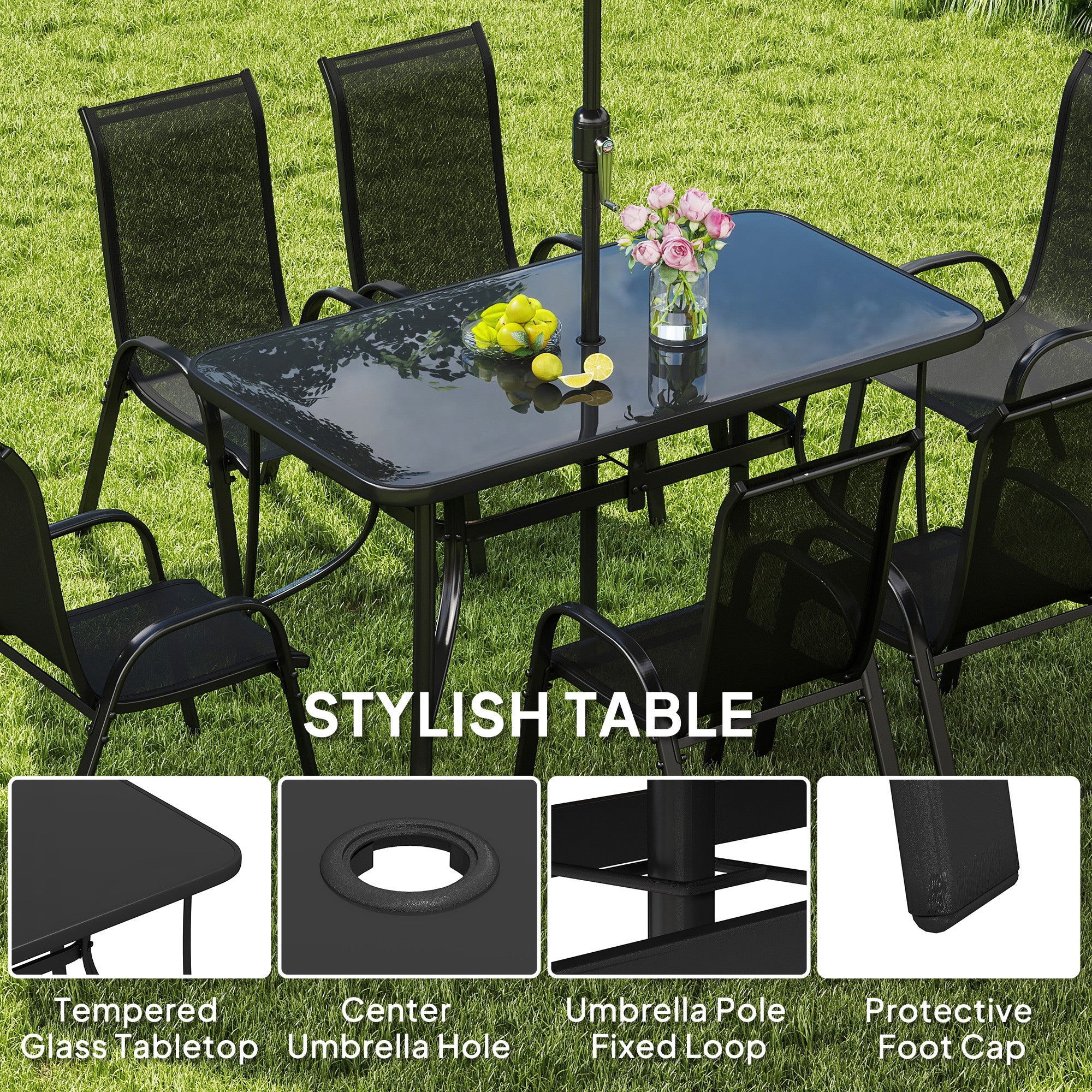 8 Pieces Patio Furniture Set with 9Ft Patio Umbrella, Outdoor Dining Table and Chairs, Black TryTrendly