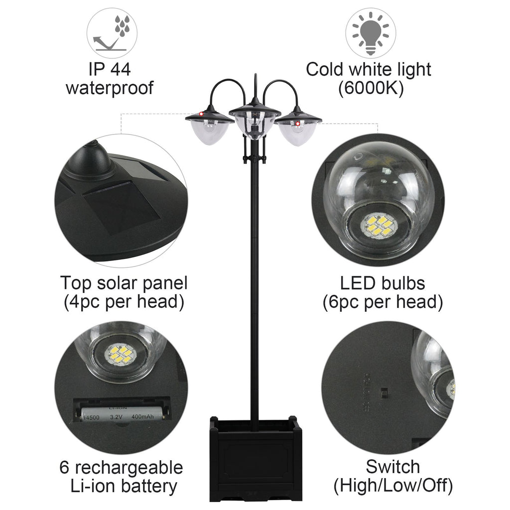 74.5" 3-head Solar Lamp Post Street Light with Planter, Solar Pole Lights Outdoor Waterproof LED Lighting for Backyard Pathway Patio Lawn Driveway Decor, Black TryTrendly