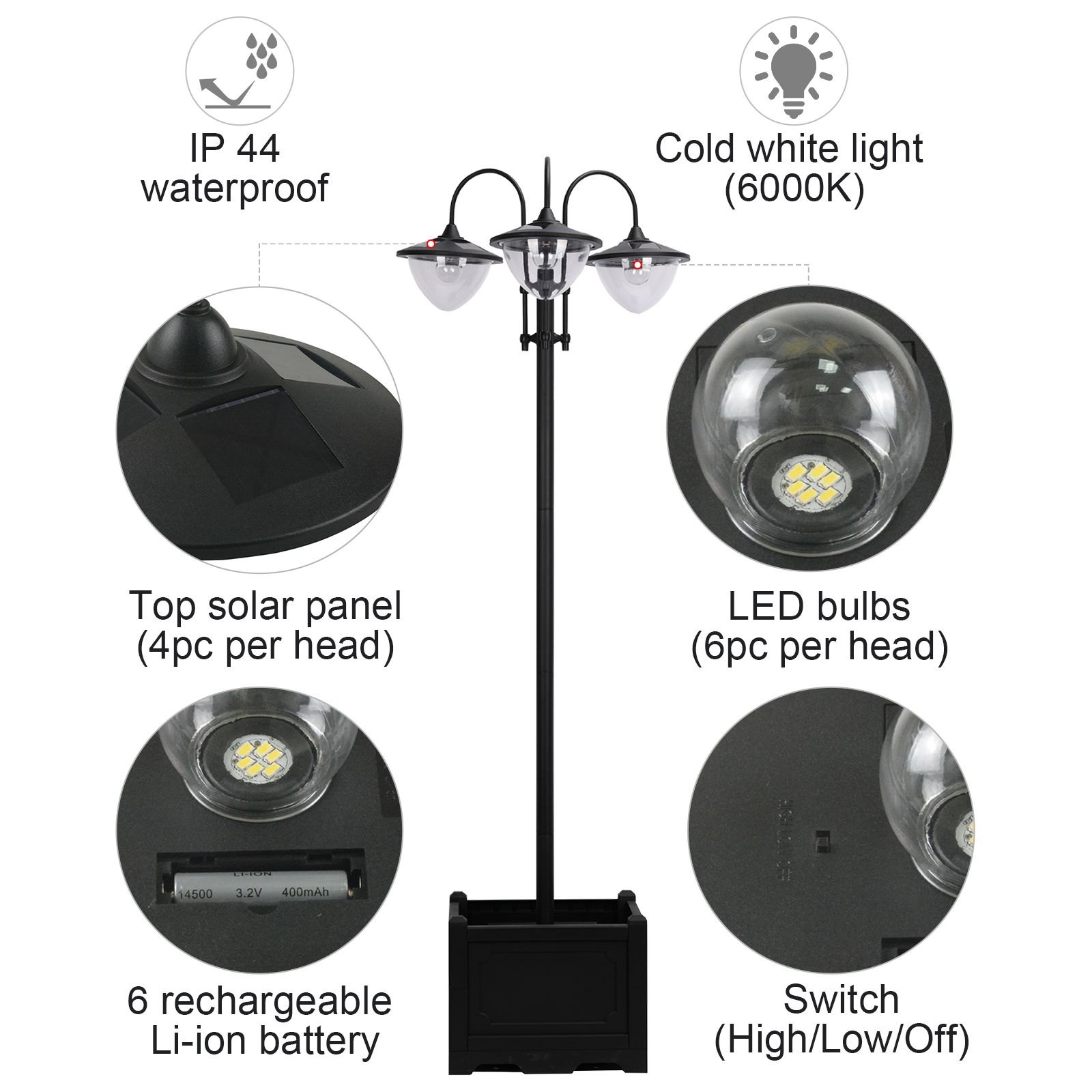 74.5" 3-head Solar Lamp Post Street Light with Planter, Solar Pole Lights Outdoor Waterproof LED Lighting for Backyard Pathway Patio Lawn Driveway Decor, Black TryTrendly