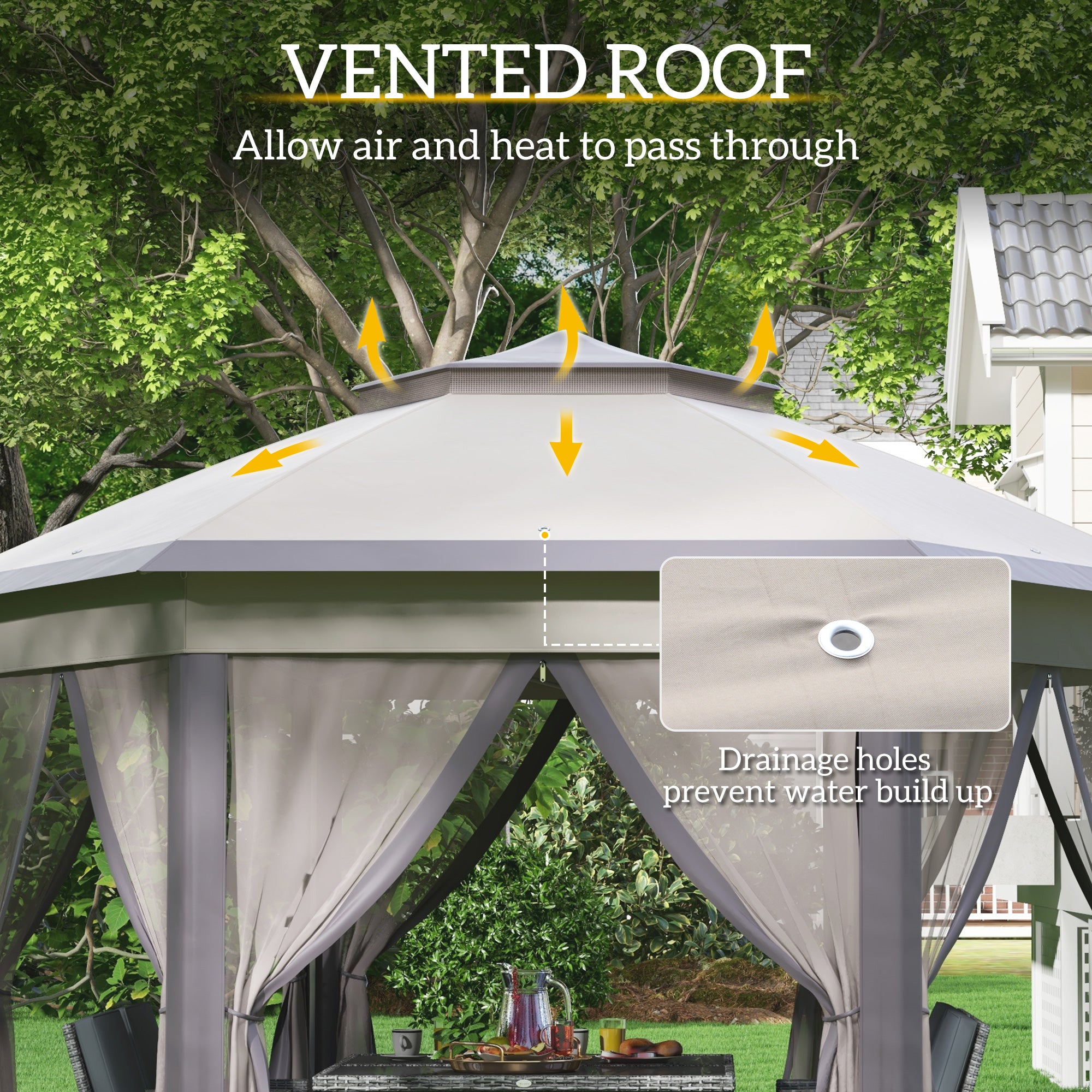 13' x 13' Pop Up Gazebo Hexagonal Canopy Shelter with 6 Zippered Mesh Netting for Patio Backyard Garden Wedding Party TryTrendly