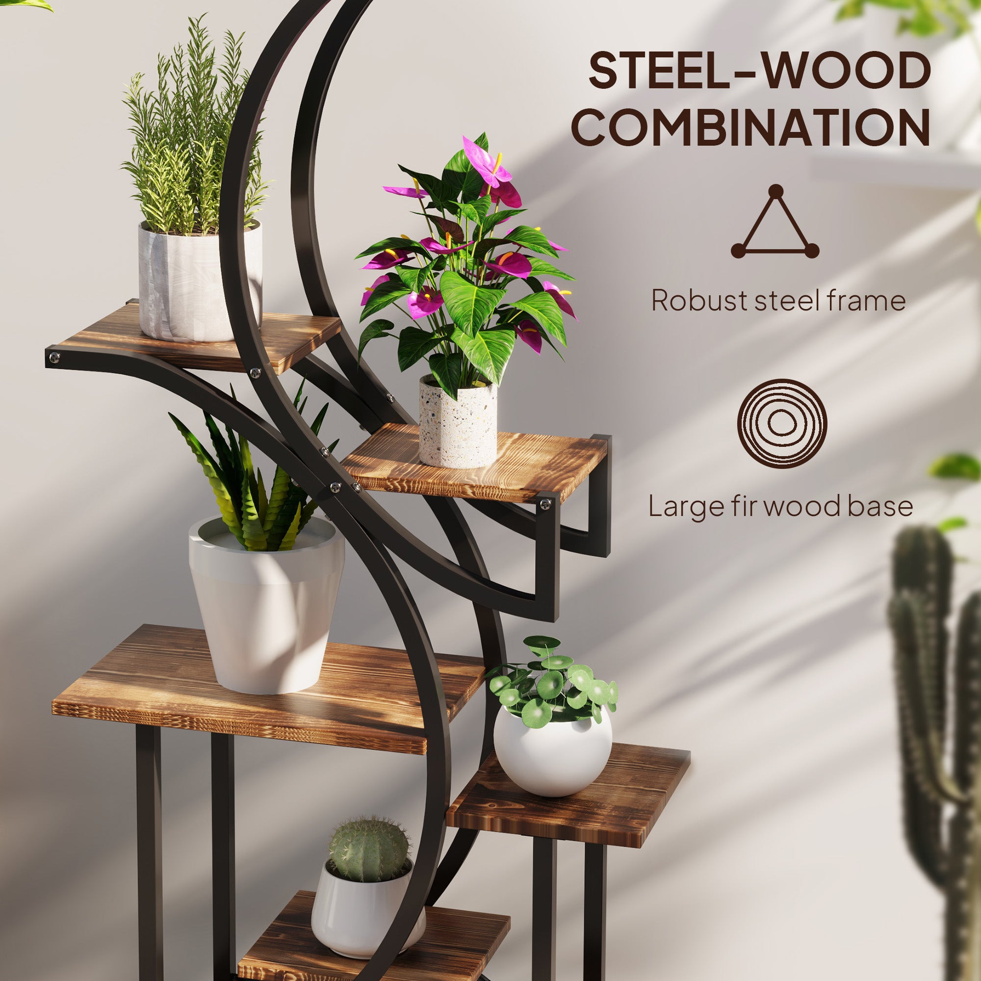 Plant Stand Indoor, 8 Tier 62" S-Shaped Plant Shelf, Corner Plant Rack for Multiple Plants, Carbonised Finish TryTrendly