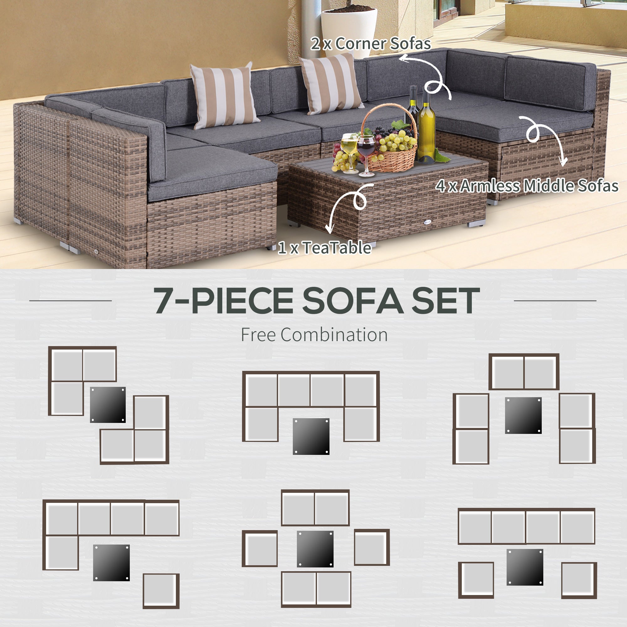 Modern Rattan Patio Furniture Set, 7-Piece Outdoor Wicker Sofa Set with Cushions for Home & Family Gatherings, Gray TryTrendly
