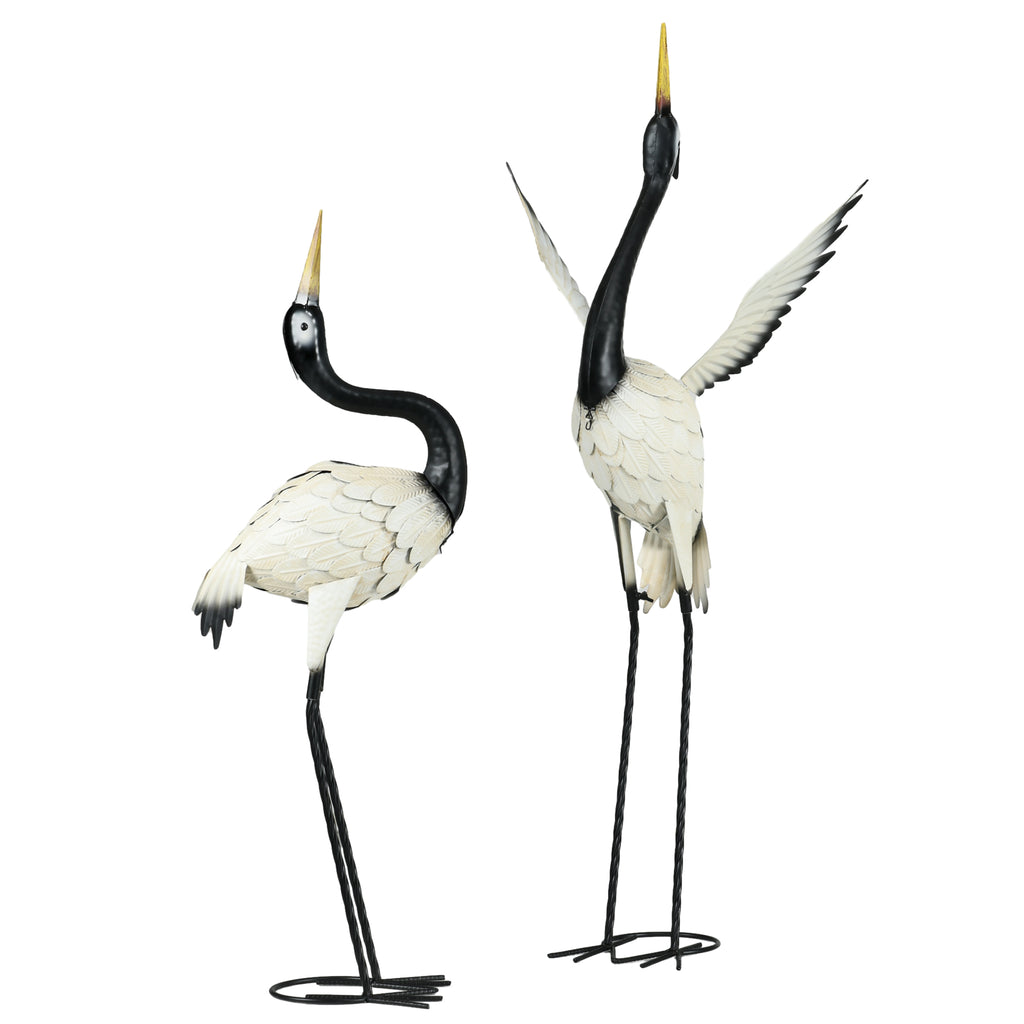 Set of 2 Garden Sculptures, Heron Garden Statues for Lawn, Patio, Backyard Decoration, 35.5" & 40.5", White & Black cjdropshipping