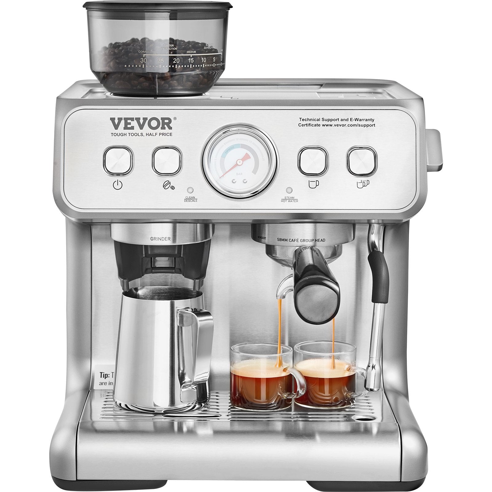 Espresso Machine With Grinder, 15 Bar Semi-Automatic Espresso Coffee Maker With Milk Frother Steam Wand, Removable Water Tank & Pressure Gauge For Cappuccino, Latte, Machiato, PID Control System TryTrendly