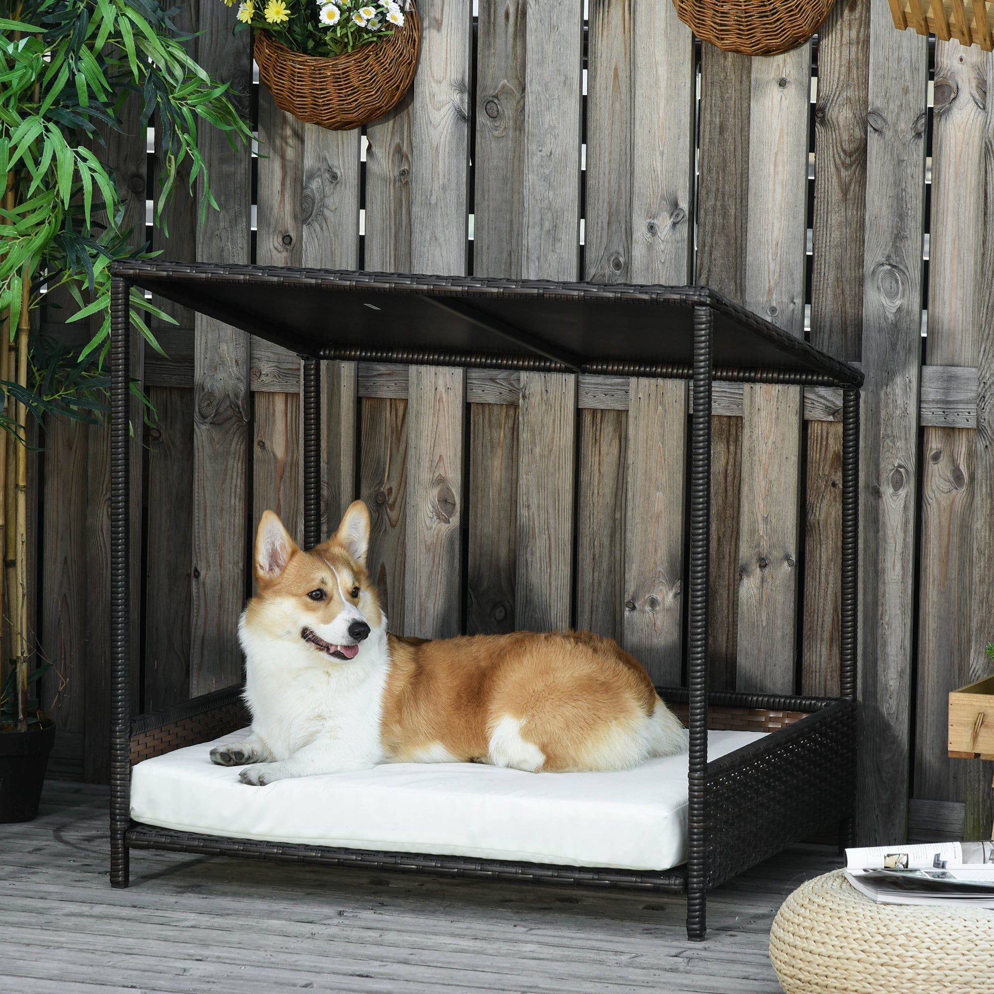 Wicker Dog House Raised Rattan Puppy Bed Cat Shelter for Indoor Outdoor Garden Patio Pet Sofa with Removable Cushion for Medium Sized Pet Brown cjdropshipping