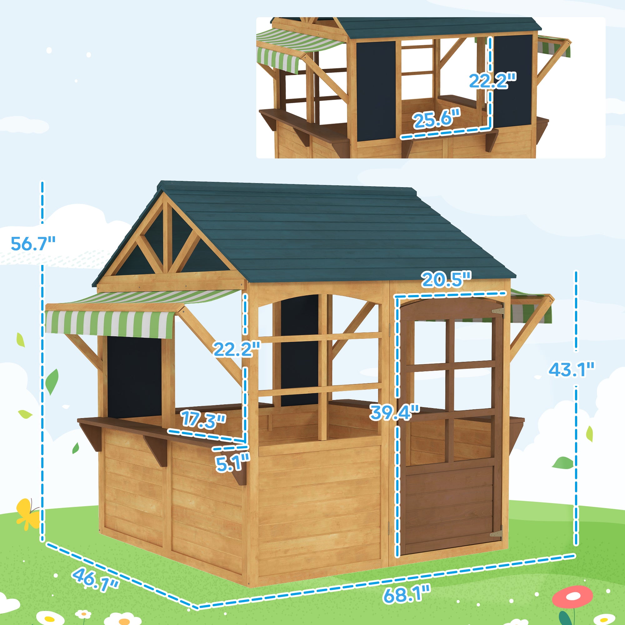 Wooden Outdoor Playhouse, Foldable Kids Cottage with Windows, Working Door, Snack Bars, Waterproof Covers, for 3-8 Years TryTrendly