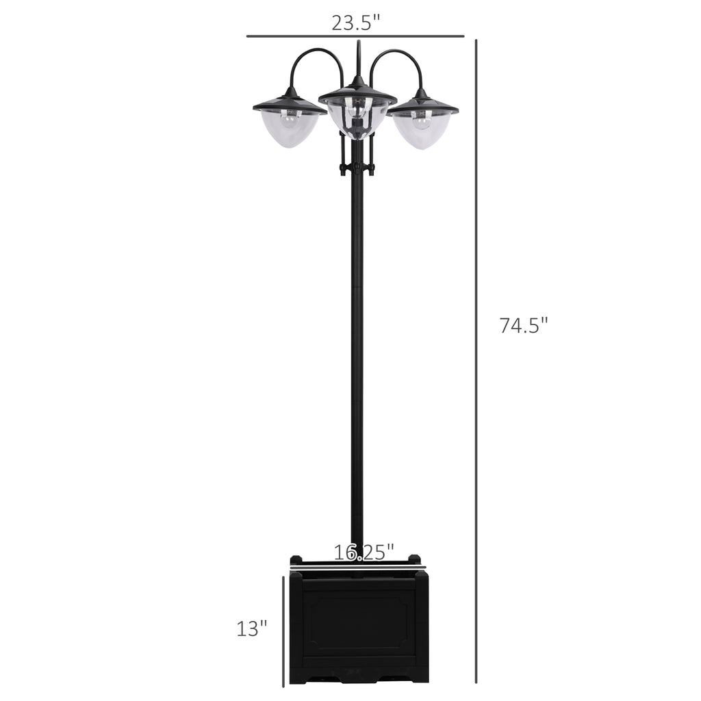 74.5" 3-head Solar Lamp Post Street Light with Planter, Solar Pole Lights Outdoor Waterproof LED Lighting for Backyard Pathway Patio Lawn Driveway Decor, Black TryTrendly