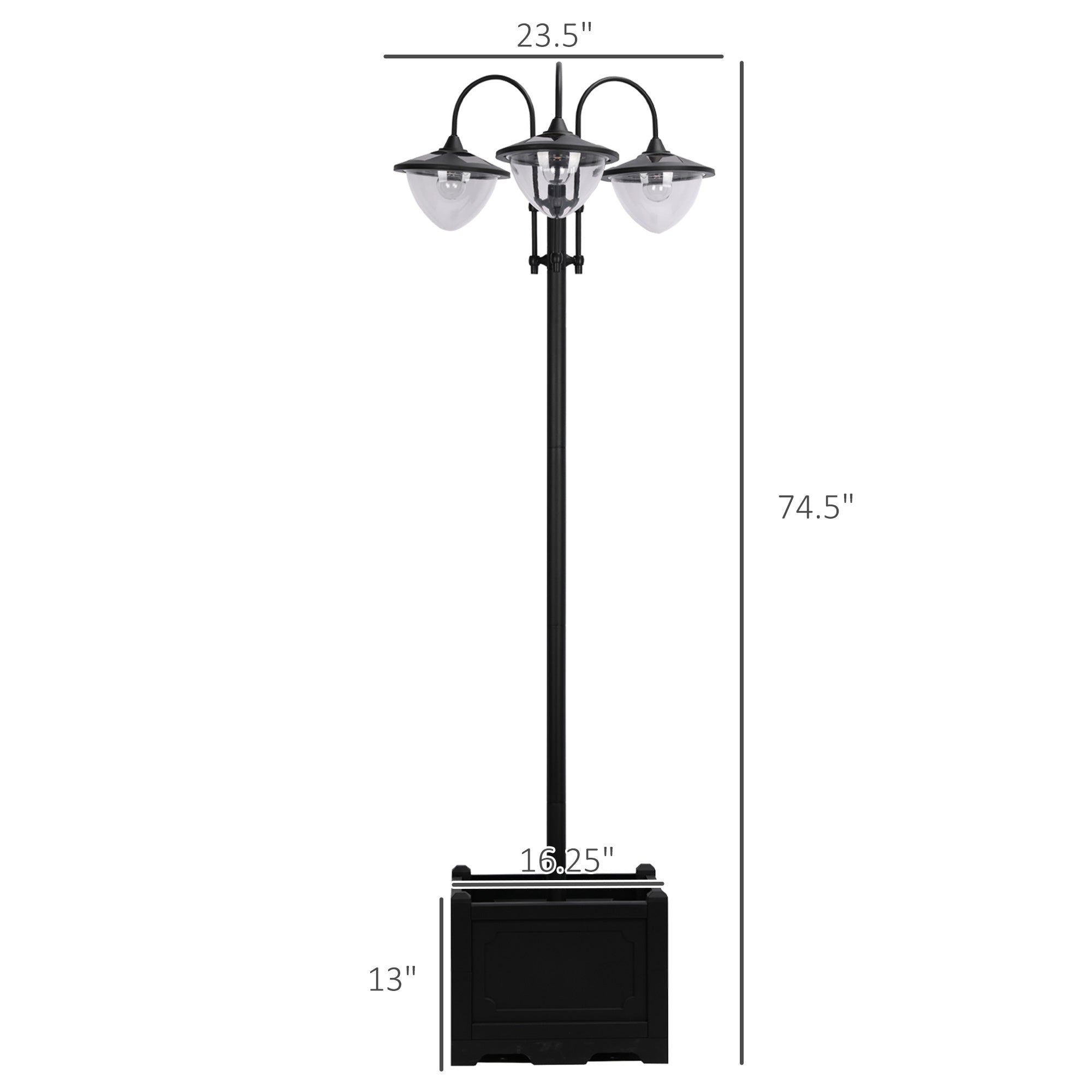 74.5" 3-head Solar Lamp Post Street Light with Planter, Solar Pole Lights Outdoor Waterproof LED Lighting for Backyard Pathway Patio Lawn Driveway Decor, Black TryTrendly