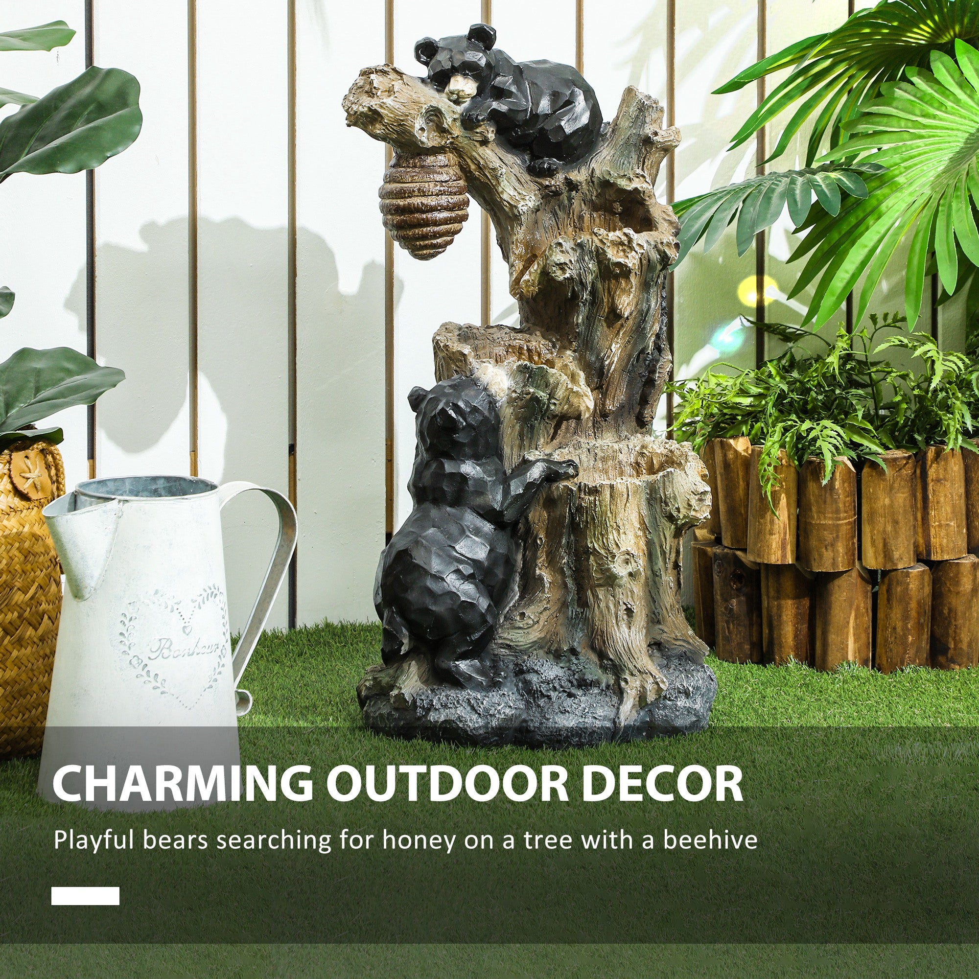 22.4" Outdoor Fountain, 3-Tier Resin Resin Bears and Honey Beehive Outdoor Waterfall Fountain with LED Lights, Pump cjdropshipping