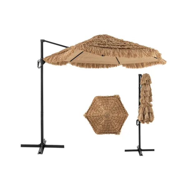 9.5ft Tropical-Style Outdoor Umbrella (Natural+Black) - 2-Tier Vented, Sun Protection, Backyard/Poolside Decor TryTrendly