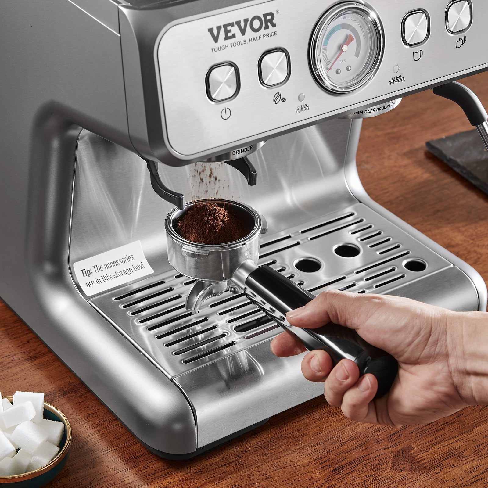 Espresso Machine With Grinder, 15 Bar Semi-Automatic Espresso Coffee Maker With Milk Frother Steam Wand, Removable Water Tank & Pressure Gauge For Cappuccino, Latte, Machiato, PID Control System TryTrendly