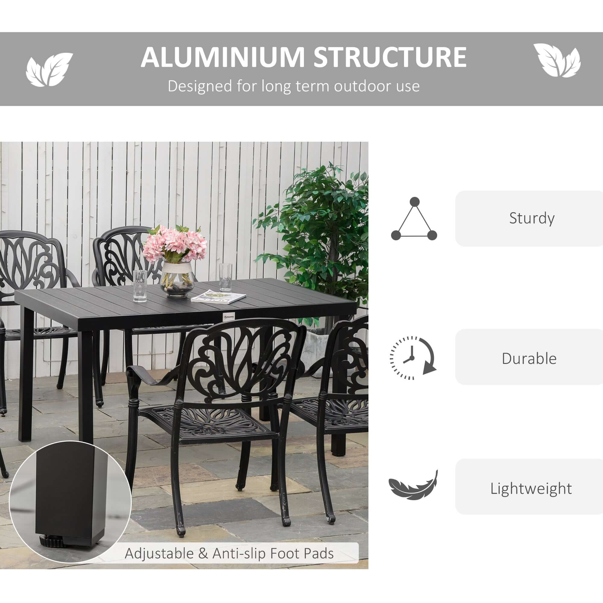 Outdoor Dining Table for 6 Person, Rectangular Patio Table, Aluminum Metal Legs for Garden, Lawn, Patio, Woodgrain Black TryTrendly