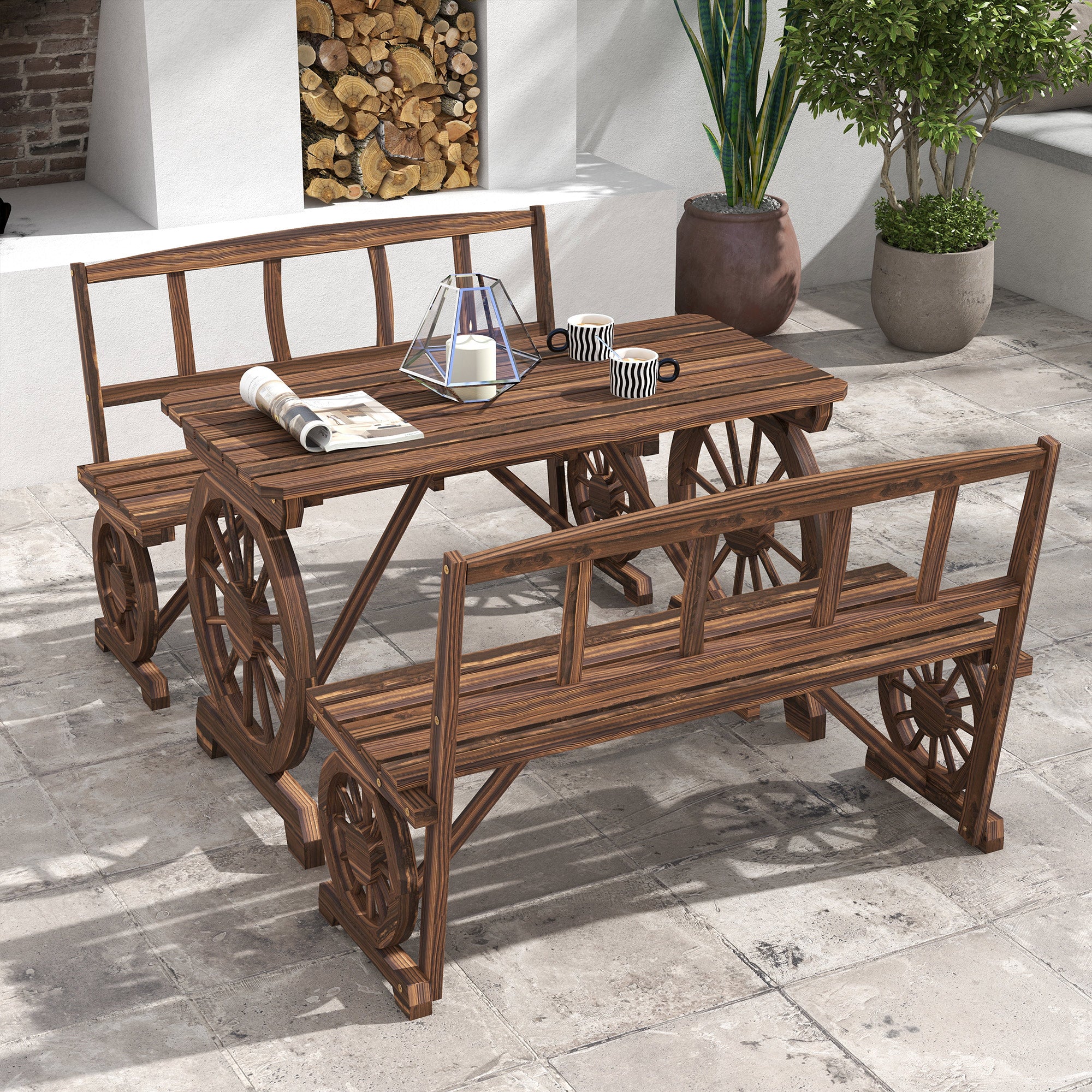 Patio Table and Chairs for 4 People, Wagon Wheel Design, Outdoor Furniture Set for Backyard, Garden, Carbonized cjdropshipping